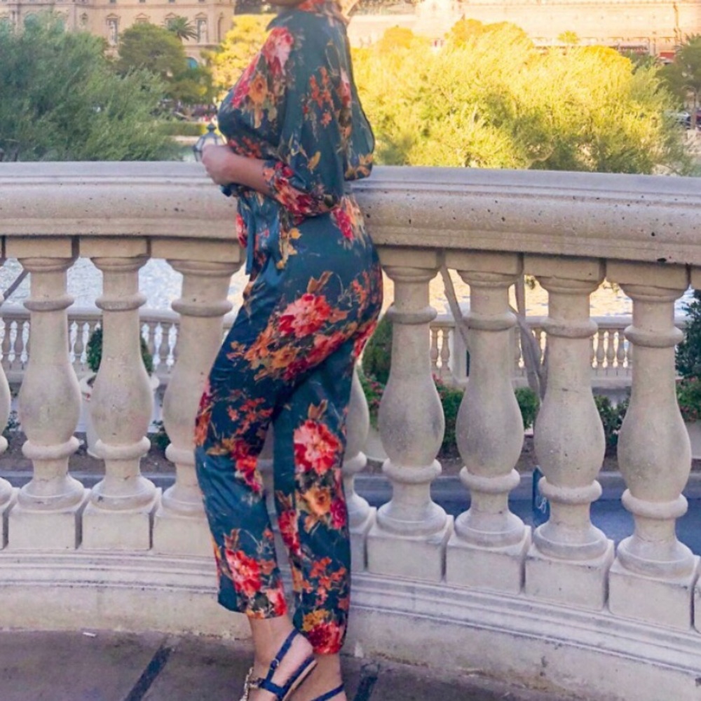Zara Teal Floral Jumpsuit with Red & Yellow Blooms